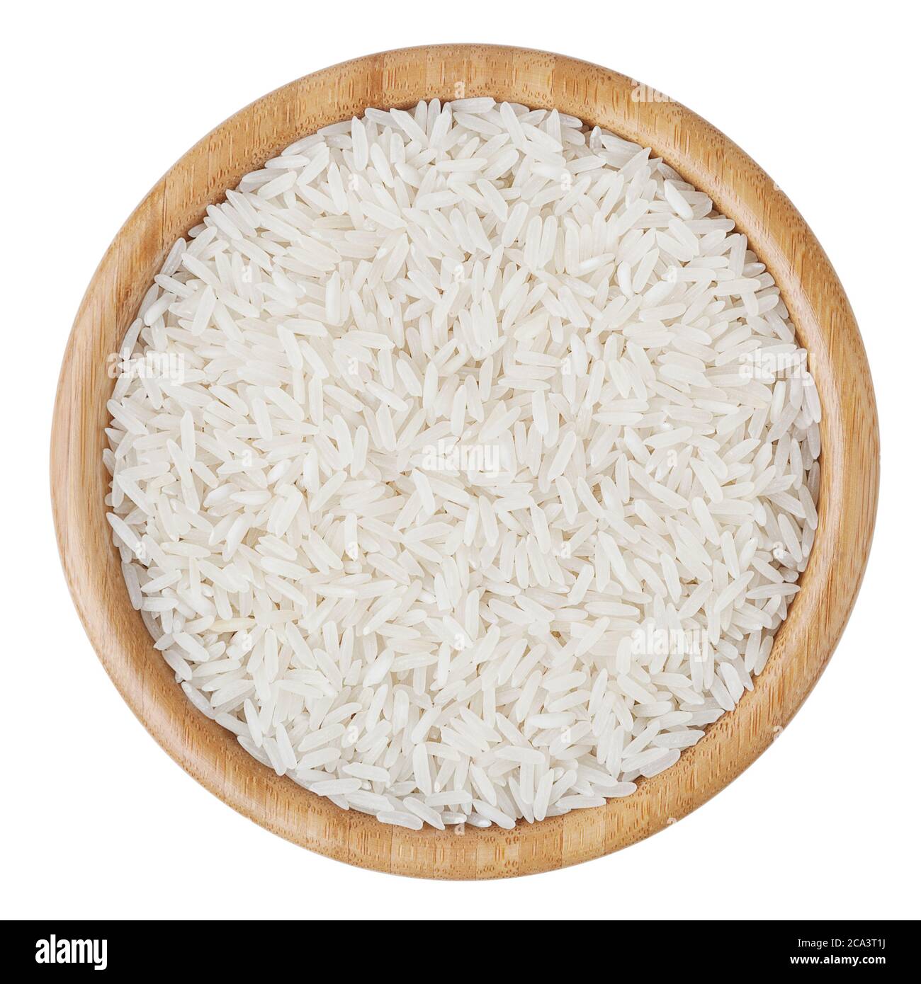 Top view of white long-grain rice in wooden bowl isolated on white ...
