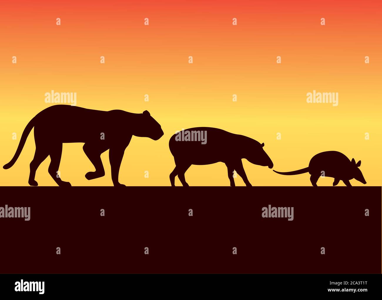 group of wild animals silhouettes in the sunset landscape vector illustration design Stock Vector