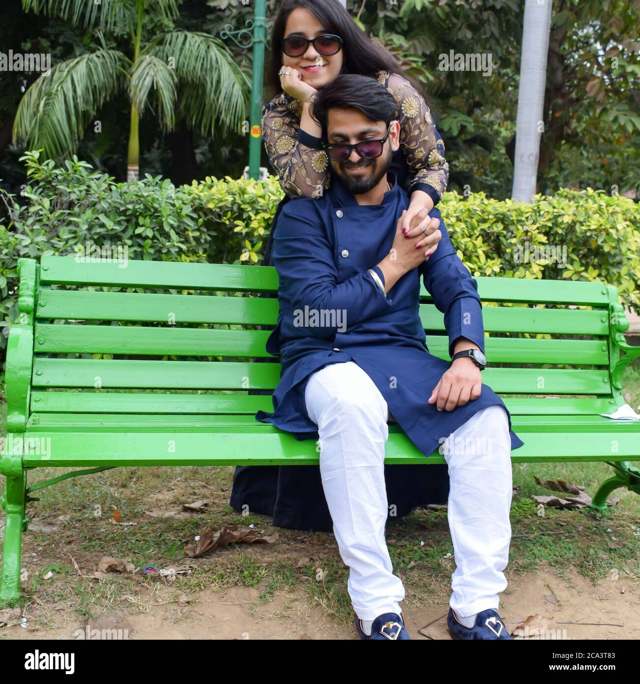 New Delhi India – November 25 2020 : A couple pose for Pre Wedding shoot inside Lodhi Garden Delhi, a popular tourist landmark in New Delhi India, for Stock Photo