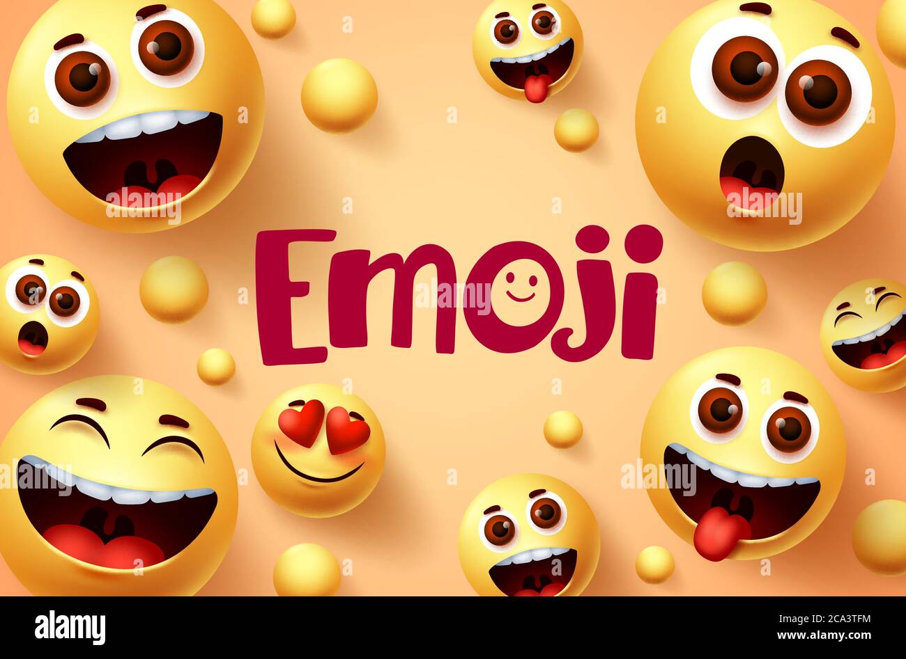 Emoji smileys vector banner design. Smiley emoji collection of funny and happy facial expressions in yellow background. Vector illustration. Stock Vector