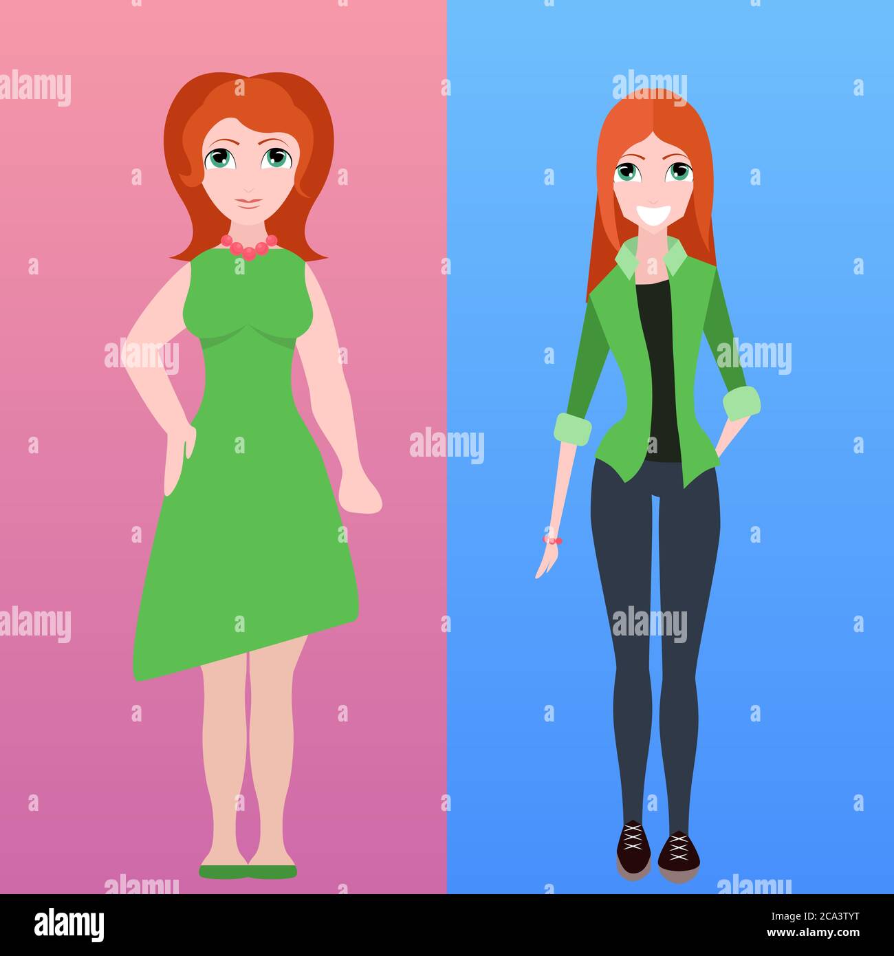 Vector flat illustration of two women of different stature for infographics and your creativity Stock Vector