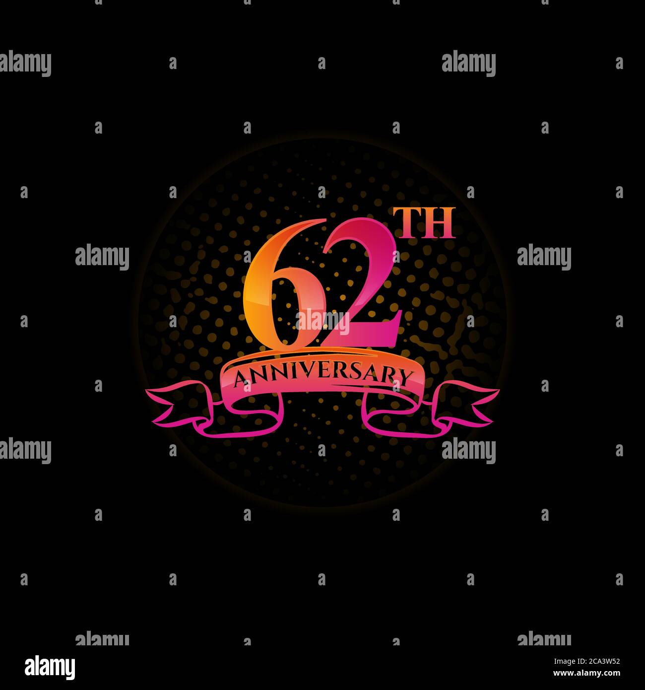 Celebrating the 62th anniversary logo, with gold rings and gradation ribbons isolated on a black background. Stock Vector