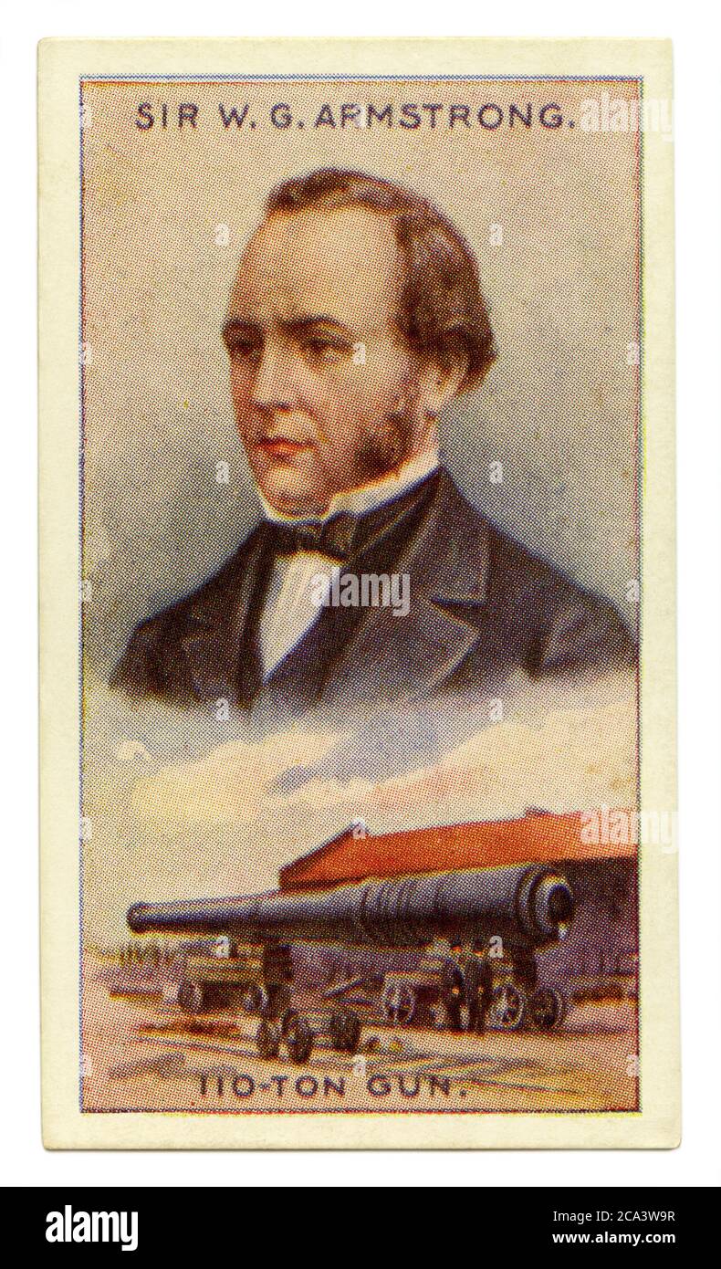 An old cigarette card (c. 1929) with a portrait of William George Armstrong, 1st Baron Armstrong CB FRS (1810–1900) and an illustration of his 110-ton gun (note that most refererences to this call it a 100 ton gun). Armstrong was an English engineer, inventor and industrialist who founded the Armstrong Whitworth manufacturing concern on Tyneside. He is regarded as the inventor of modern artillery. The 100-ton gun (also known as the Armstrong 100-ton gun) was a 17.72 inches (450 mm) rifled muzzle-loading (RML) gun made by Elswick Ordnance Company, the armaments division of Armstrong Whitworth. Stock Photo