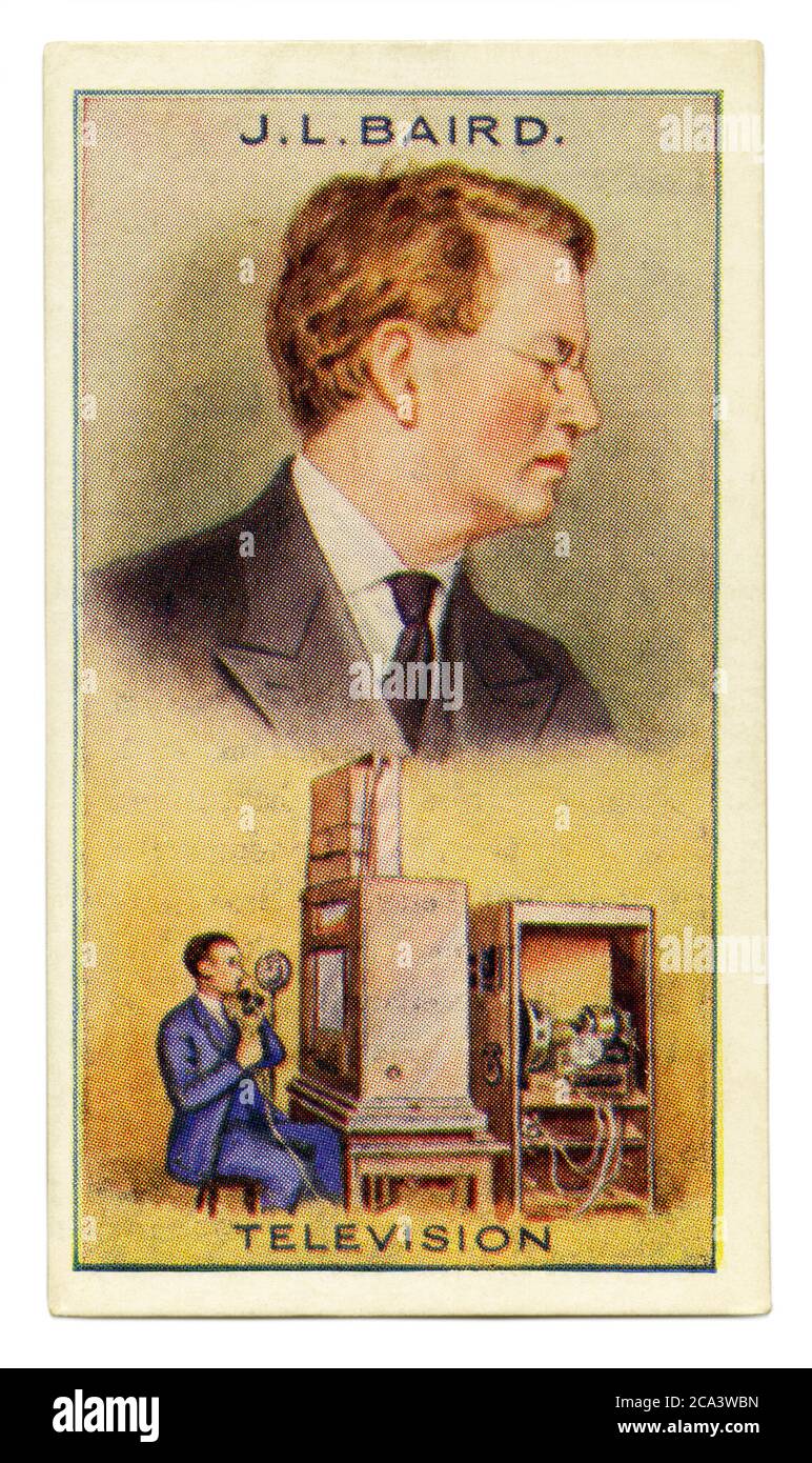 An old cigarette card (c. 1929) with a portrait of John Logie Baird FRSE (1888–1946) and an illustration of his tevevision. Baird was a Scottish inventor, electrical engineer, and innovator, demonstrating the world's first working television system in 1926. He also invented the first publicly demonstrated colour television system, and the first purely electronic colour television picture tube. In 1928 the Baird Television Development Company achieved the first transatlantic television transmission. Stock Photo