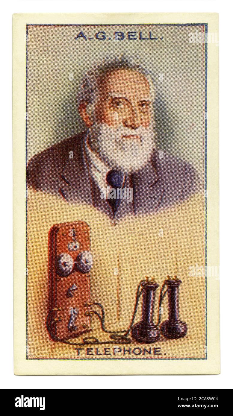 An old cigarette card (c. 1929) with a portrait of Alexander Graham Bell (1847–1922) and an illustration of a telephone. Bell was a Scottish-born inventor, scientist, and engineer who is credited with inventing and patenting the first practical telephone. He also co-founded the American Telephone and Telegraph Company (AT&T) in 1885. His research on hearing and speech led him to experiment with hearing devices which eventually culminated in Bell being awarded the first US patent for the telephone in 1876. Bell considered his invention an intrusion and refused to have a telephone in his study. Stock Photo