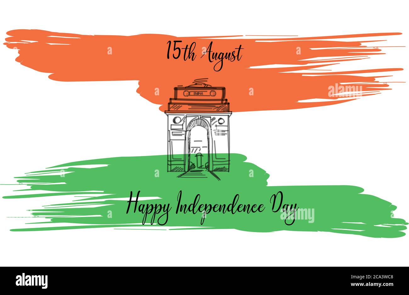 Illustration of India Independence Day. 15th August. India Gate Theme. Concept. . Flat. 3D Design. Isolated. Tricolor Flag. Brush Stroke. Sketch.Art. Stock Photo
