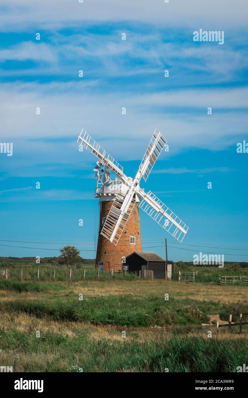 Norfolk summer countryside, view in summer of the Horsey windpump - a windmill built in 1912 in the north-east sector of the Norfolk Broads, UK Stock Photo