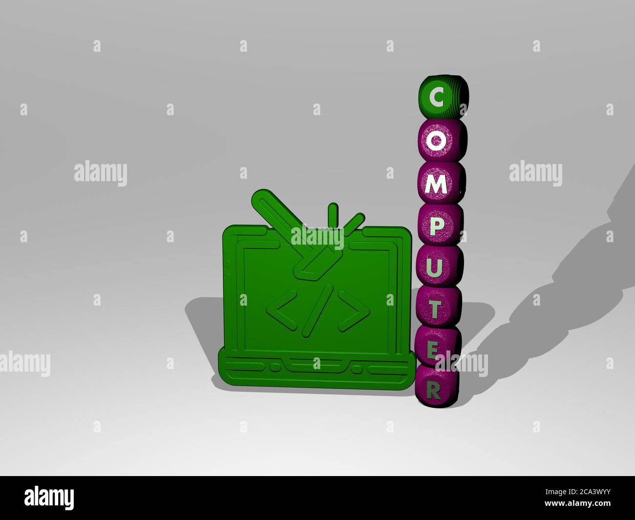 3D representation of computer with icon on the wall and text arranged ...