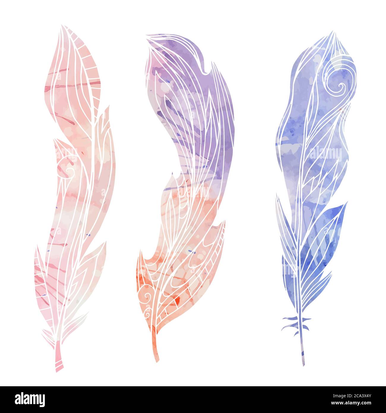 Set of hand drawn feathers with boho pattern and watercolor background ...