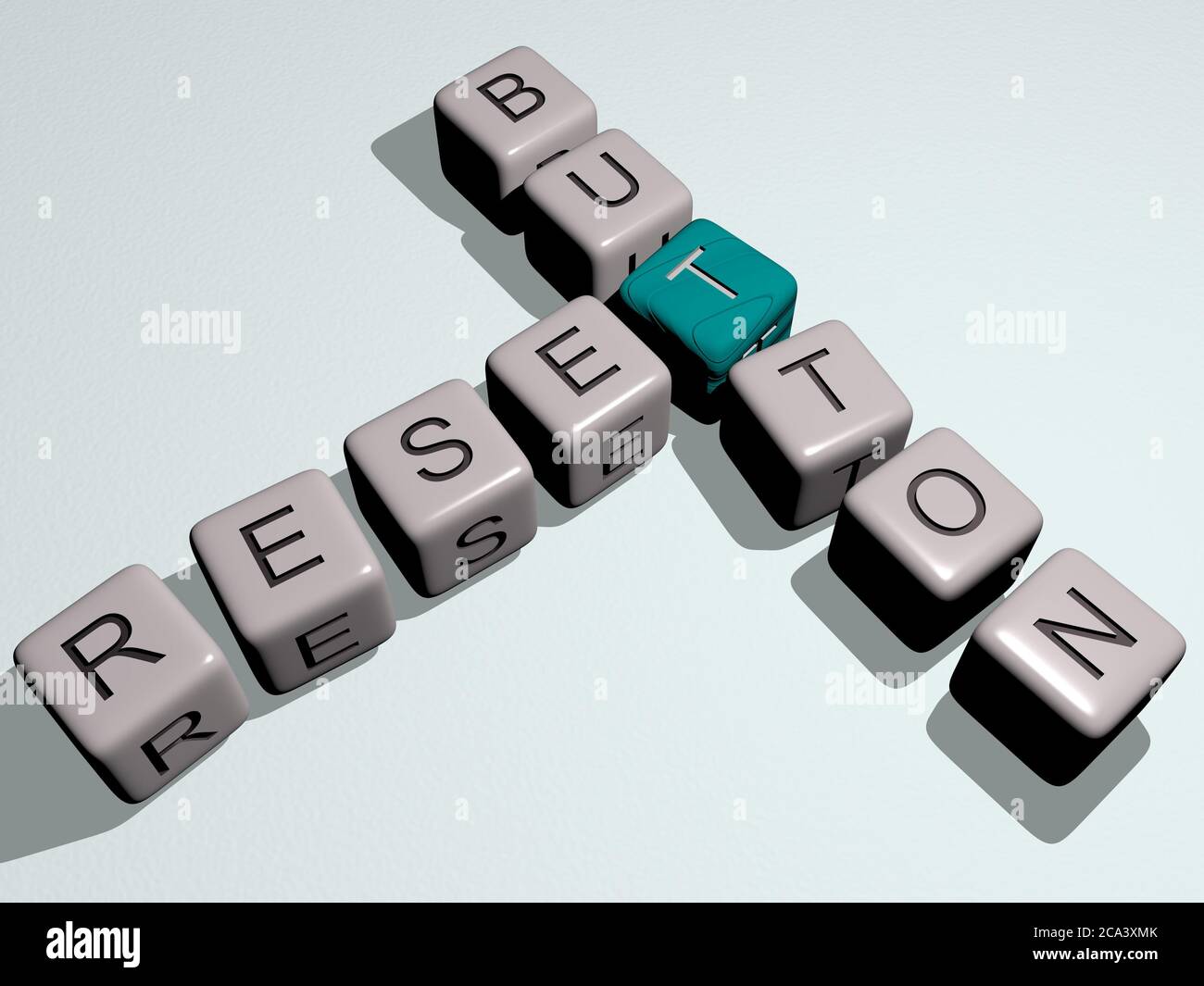 crosswords of reset button arranged by cubic letters on a mirror floor