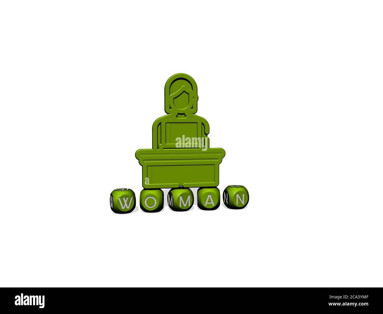 3D illustration of WOMAN graphics and text made by metallic dice