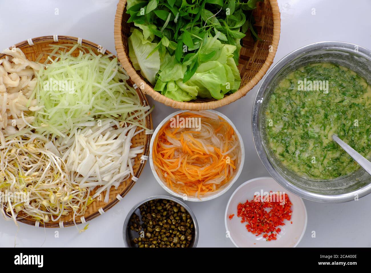 Top view raw material ofhomemade vegan food, Vietnamese pancake from rice flour, bean sprouts, mushroom, chayote, delicious vegetarian non meat diet Stock Photo