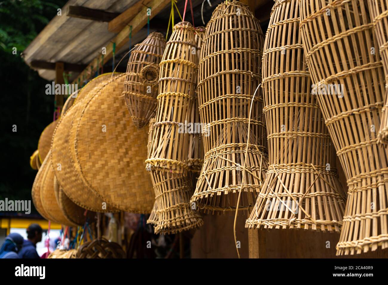 Asian market. Showcase of cage baskets. Handmade goods Stock Photo Alamy