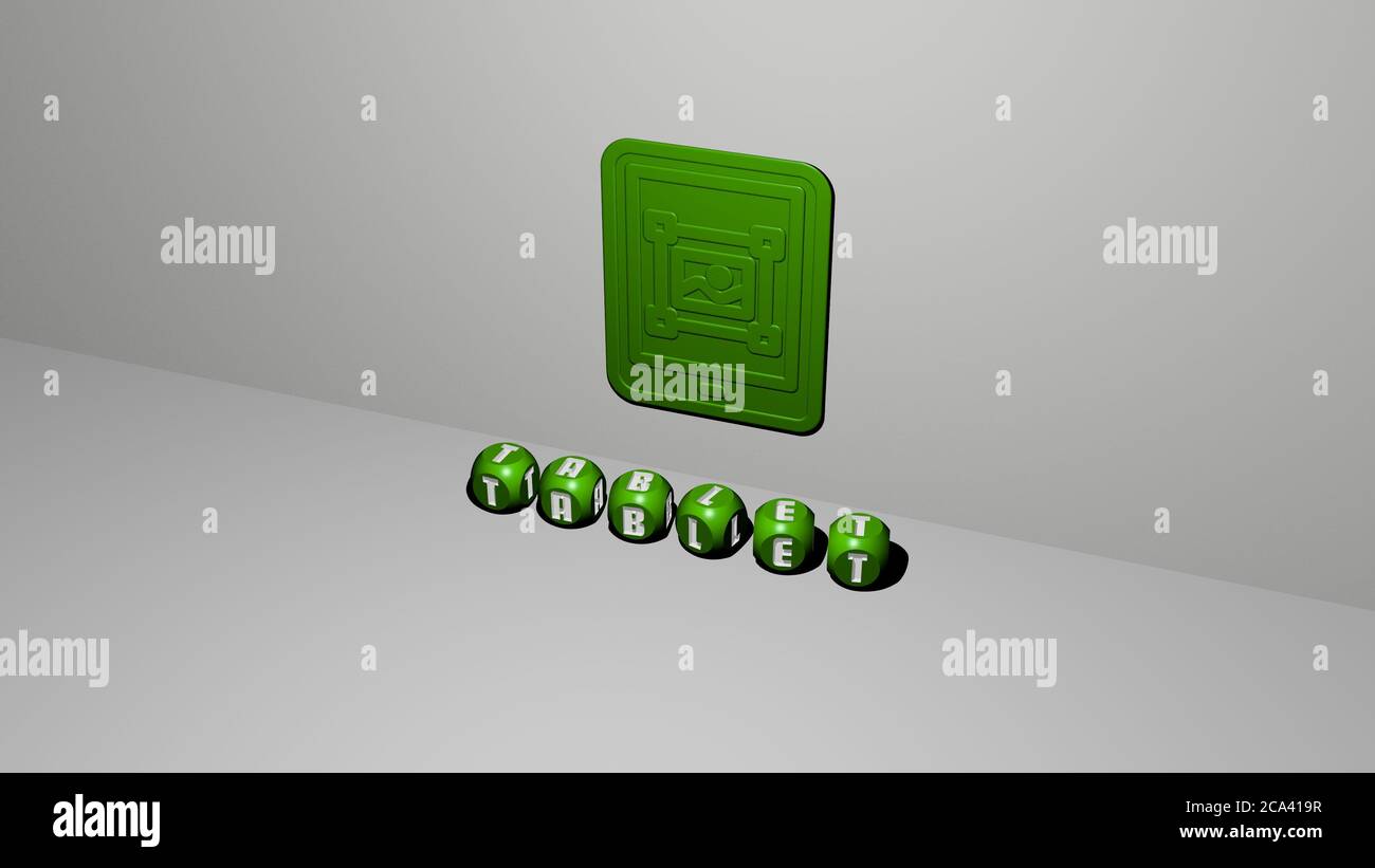 3D illustration of TABLET graphics and text made by metallic dice letters for the related meanings of the concept and presentations. computer and digital Stock Photo