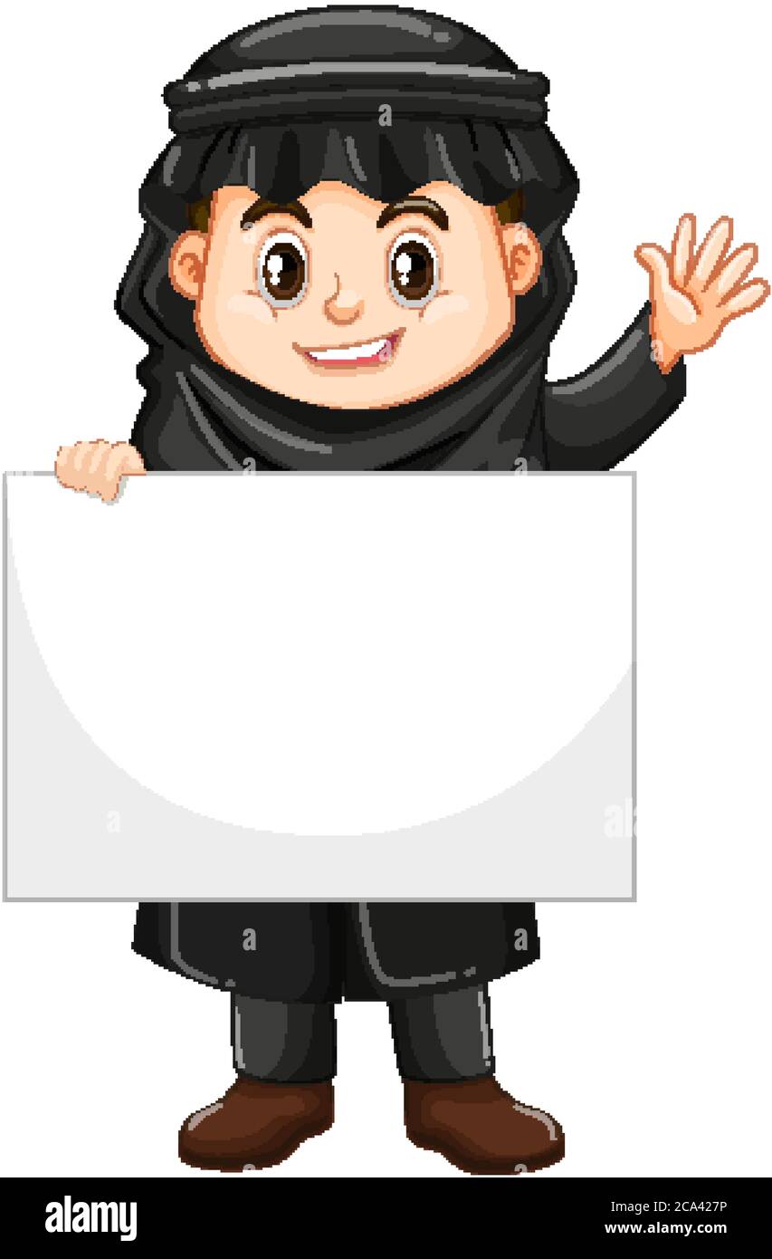 Cute young boy cartoon character holding blank banner illustration ...