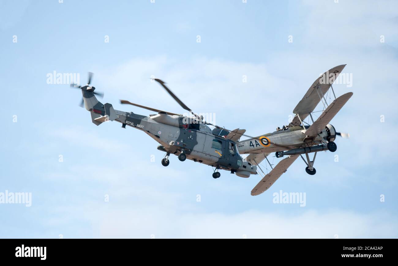 Royal Navy Wildcat helicopter and Swordfish biplane at Southport