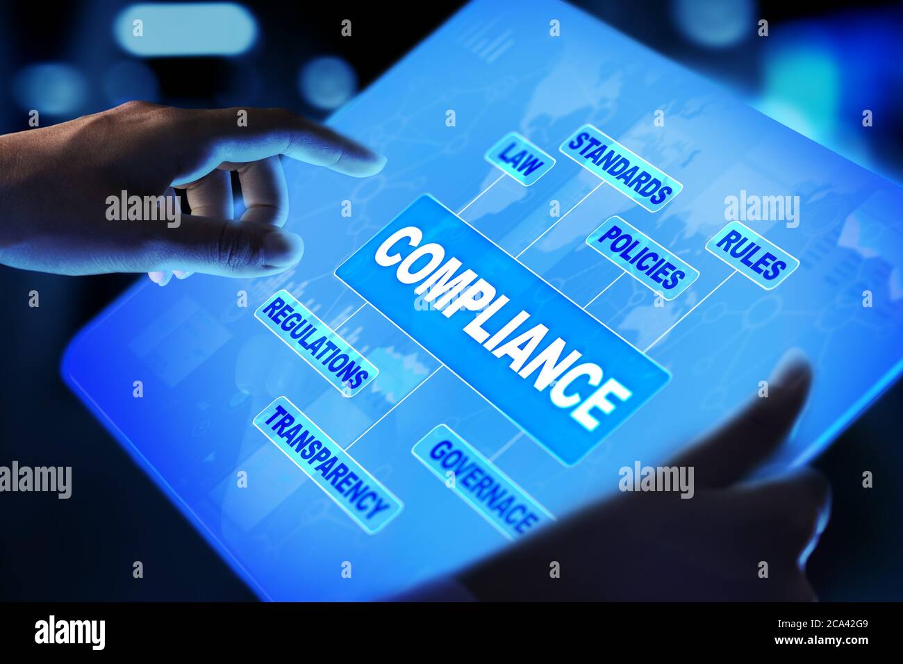 Compliance concept with icons and text. Regulations, law, standards, requirements, audit diagram on virtual screen Stock Photo