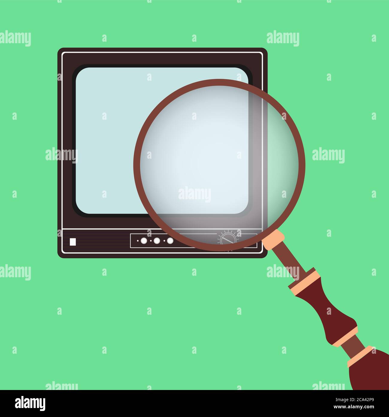 Vector illustration of a retro flat TV and a magnifying glass. Search, View. Stock Vector