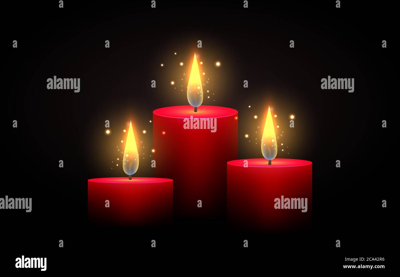 Set of red candles of different lengths. Vector element. Burning candle