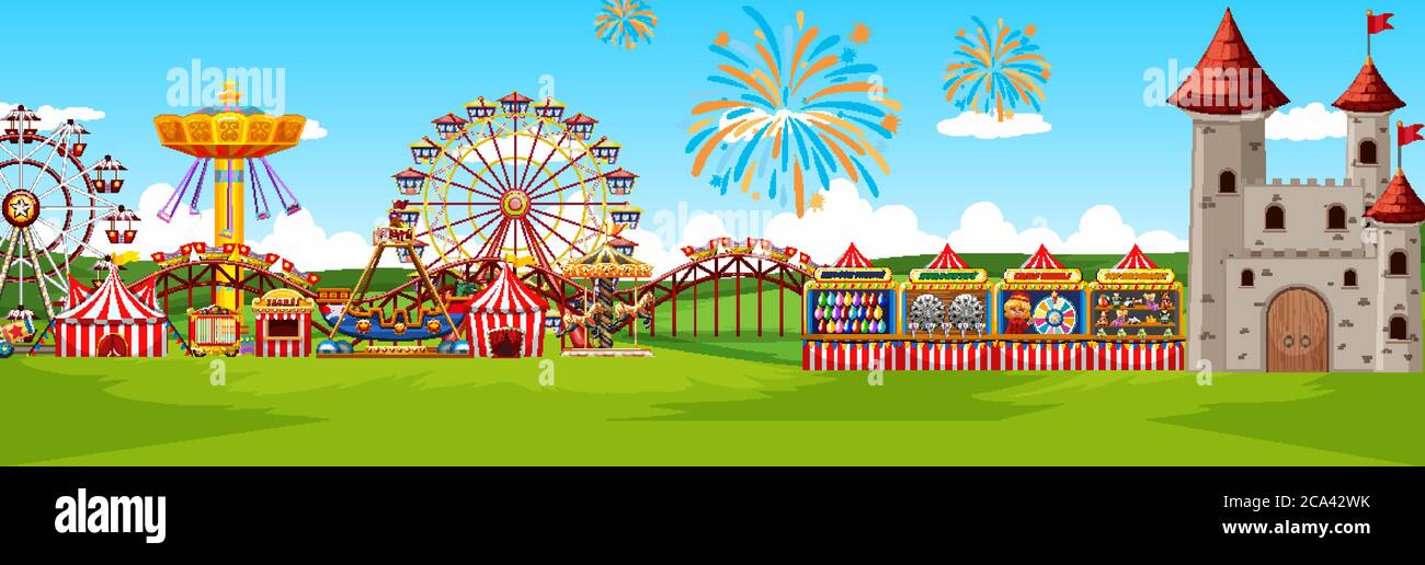 Theme amusement park landscape scene panorama view cartoon style ...