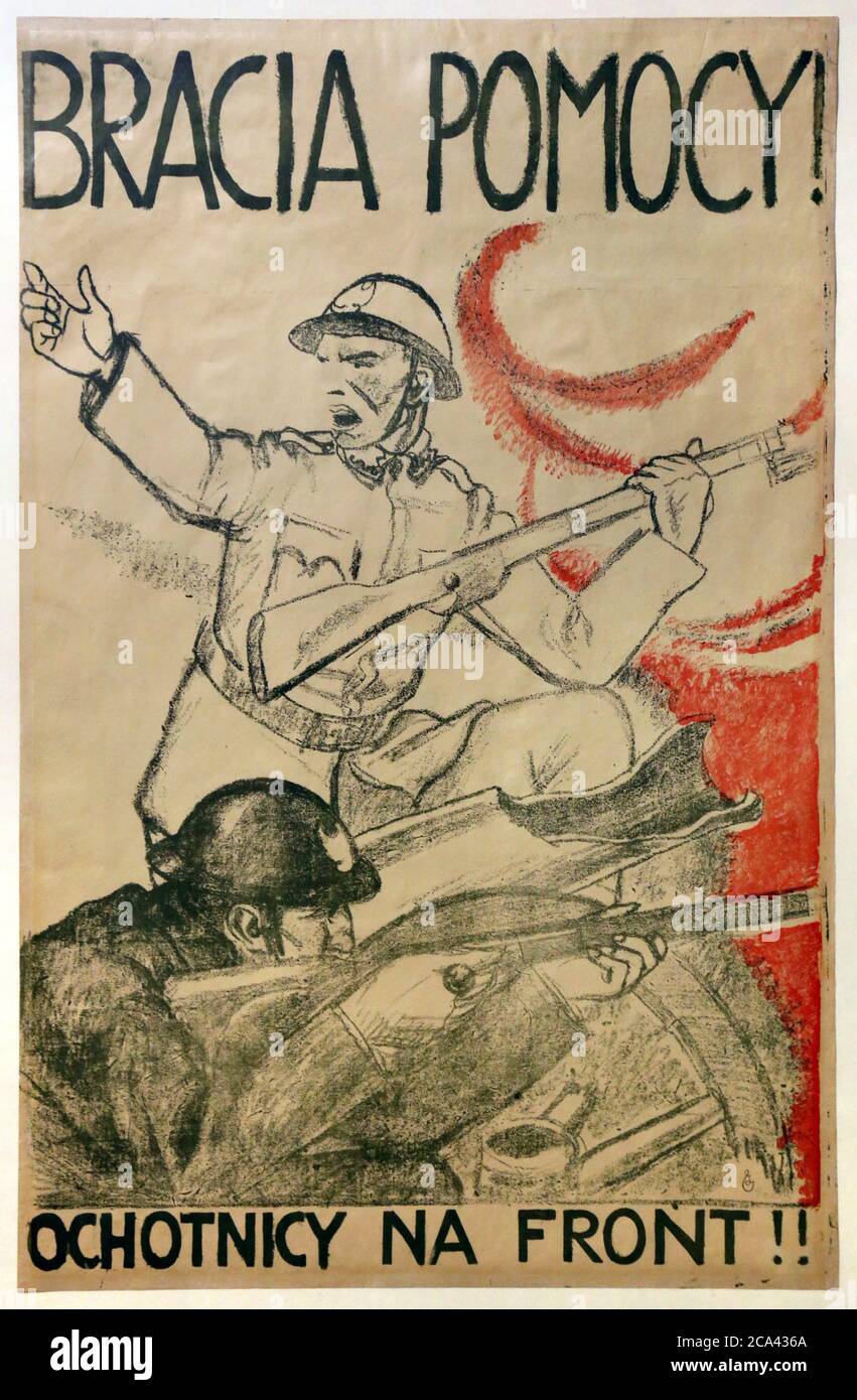 The 1920 Polish-Soviet war propaganda poster.  Polish pro enlistment poster 'Brothers! Help!' Artist Iwo Wiktor Gall. Stock Photo