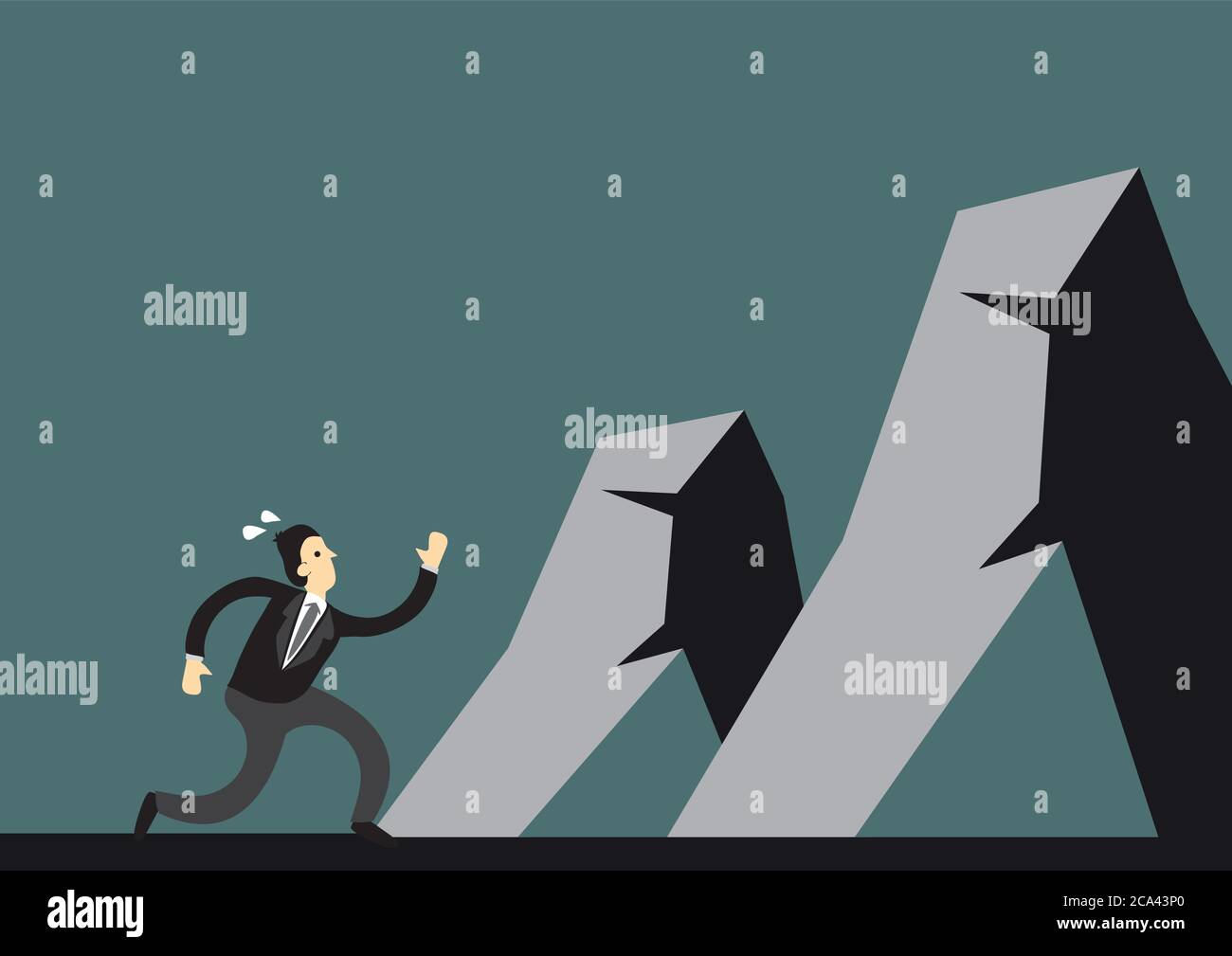 Businessman running and approach mountains to overcome. Vector cartoon illustration for concept on overcoming digital challenges or transformation - V Stock Vector