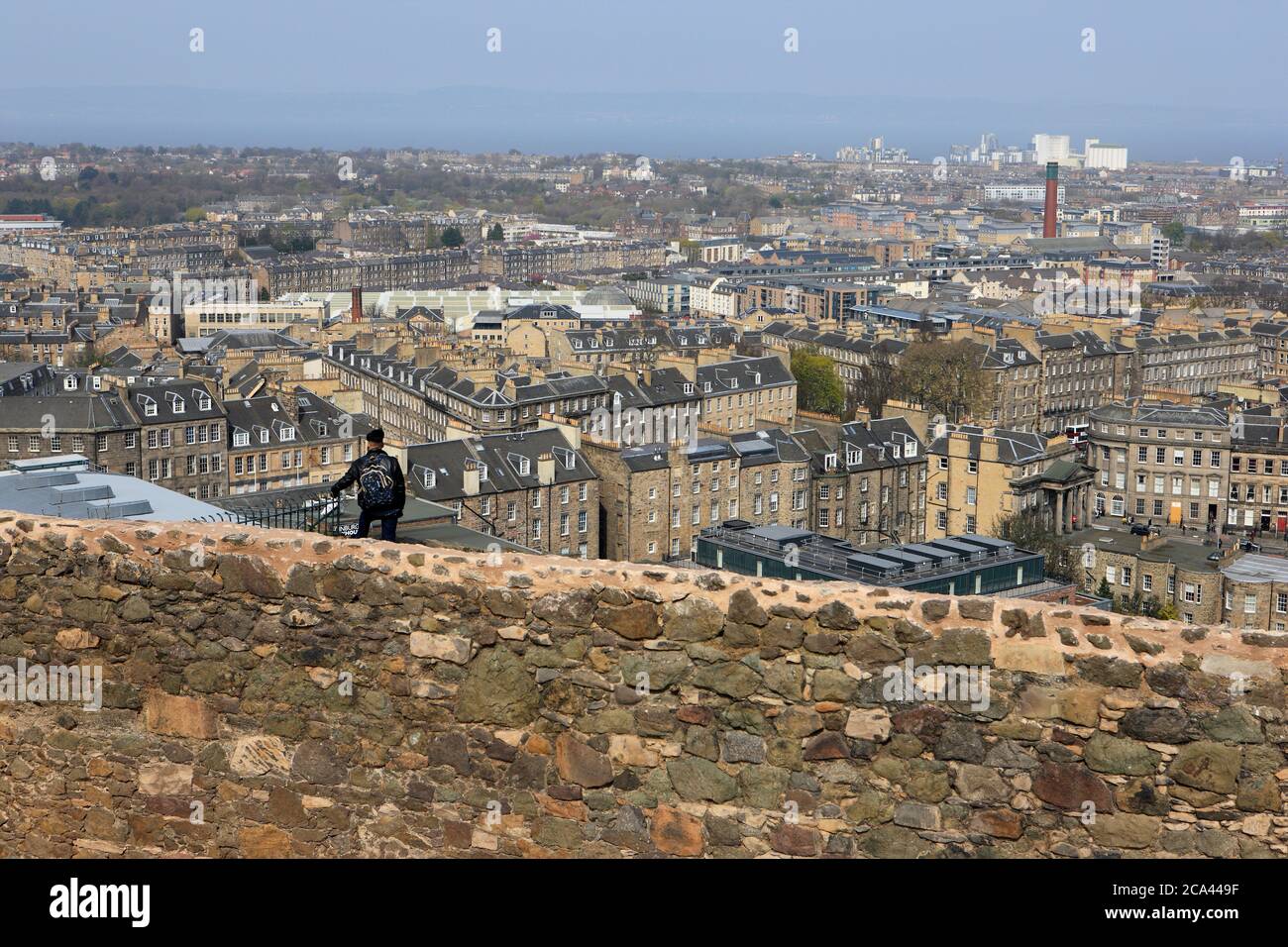 View of Edinburgh New Town towards Leith over the Observatory boundary wall on Calton Hill Stock Photo