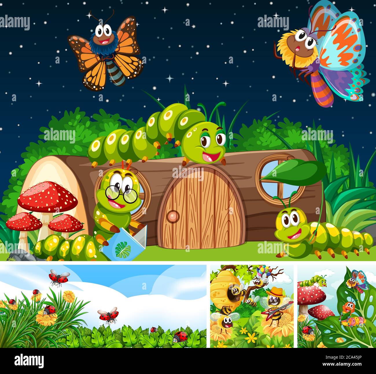 Set of different insects living in the garden background illustration ...