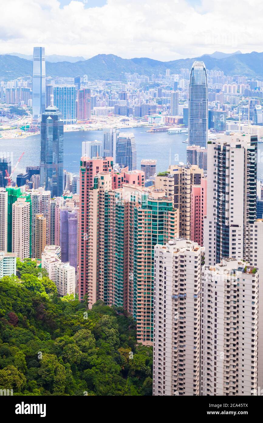 Hong Kong city, vertical aerial view taken from Victoria Peak viewpoint at sunny summer day Stock Photo