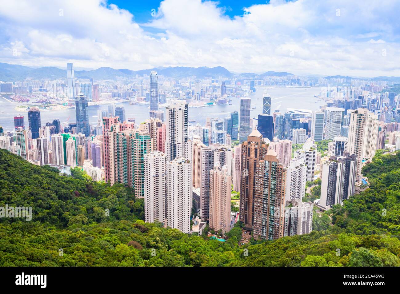 Hong Kong city central district, aerial view taken from Victoria Peak viewpoint at sunny summer day Stock Photo