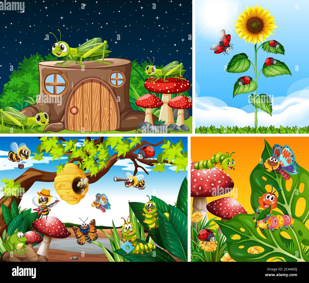 Set of different insects living in the garden background illustration ...