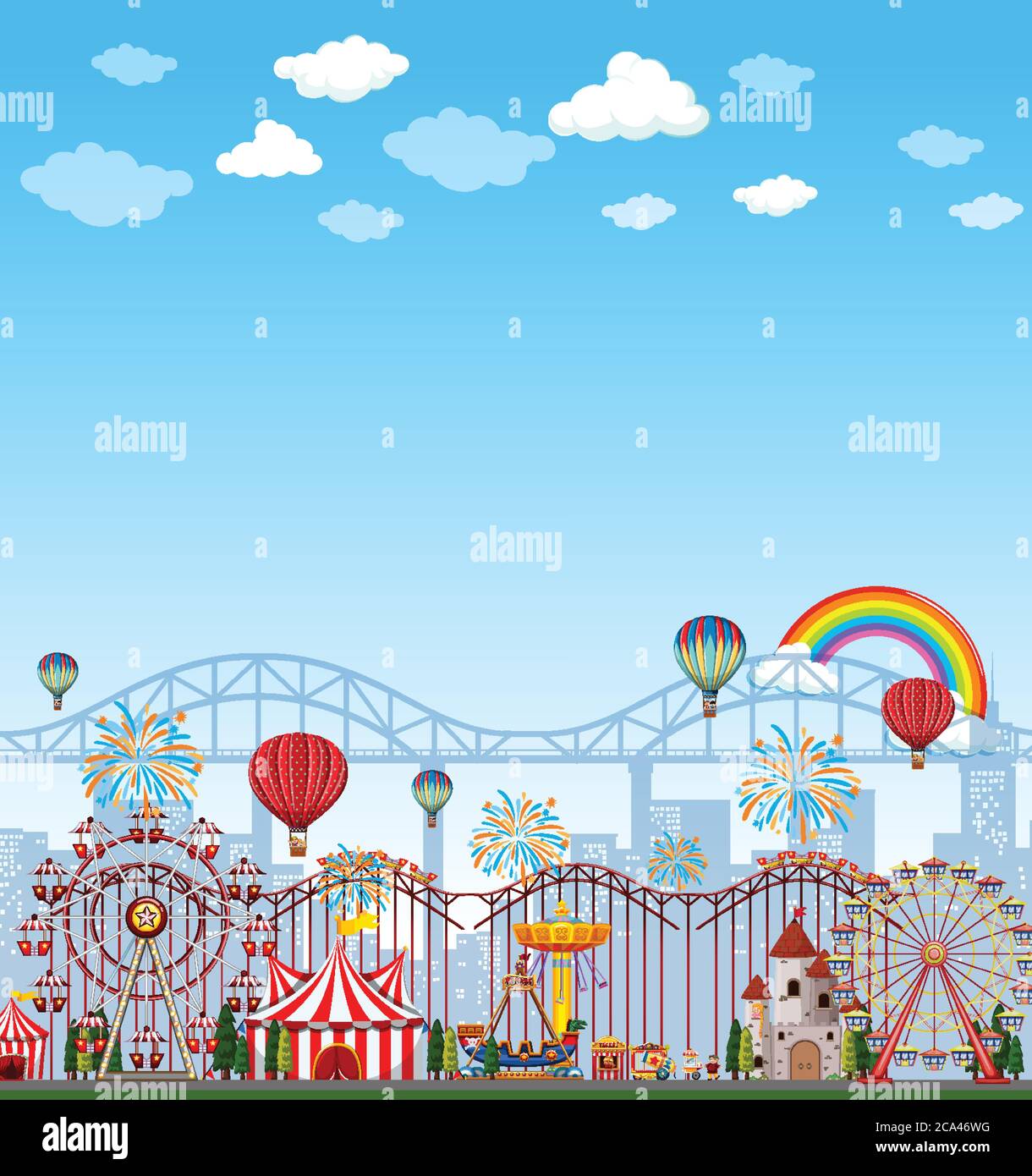 Amusement park scene at daytime with blank bright blue sky illustration ...