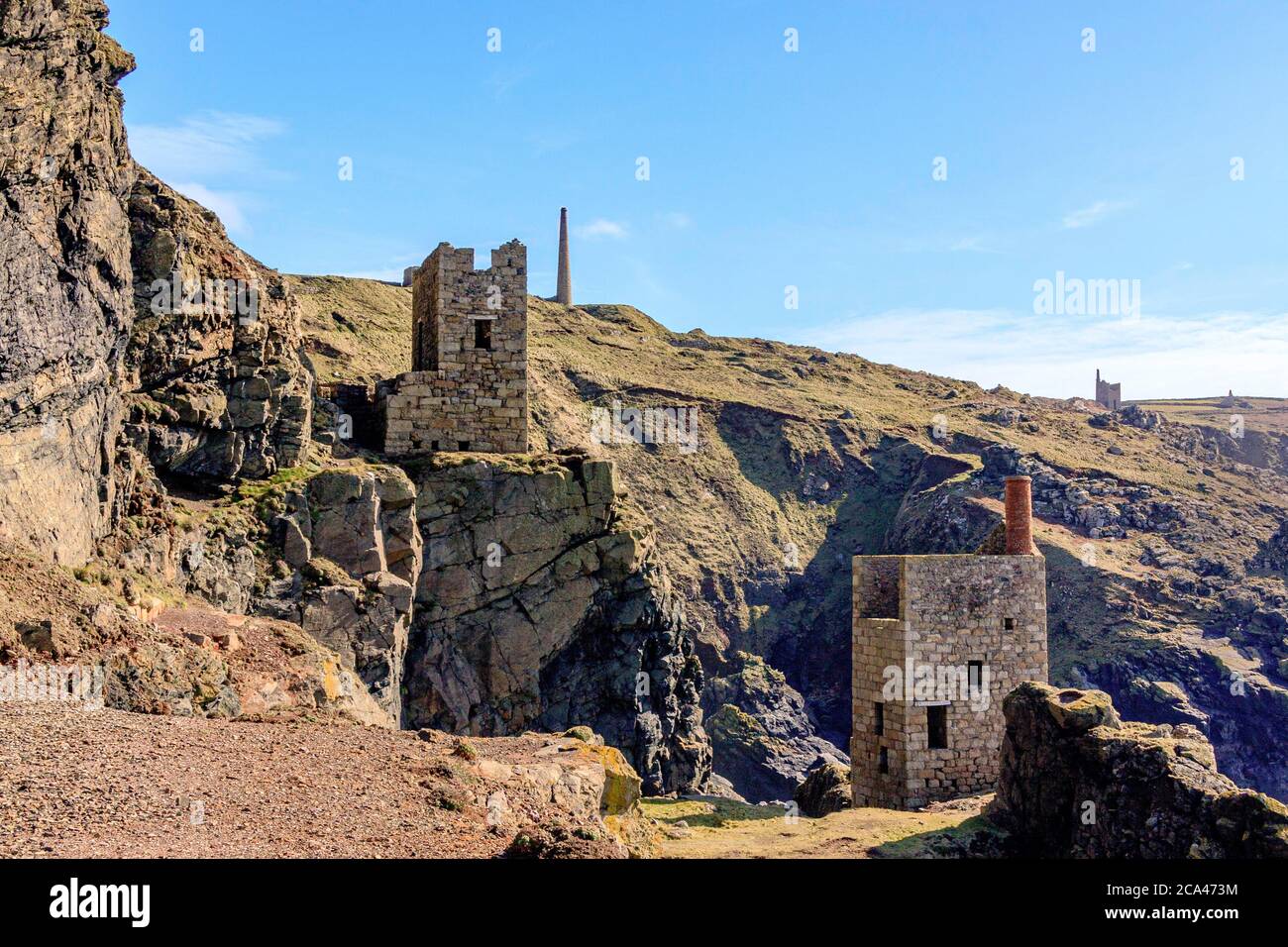 Crowns Engine houses, Botallack.  It was a submarine mine with tunnels extending under the sea, in places for half a mile. Stock Photo