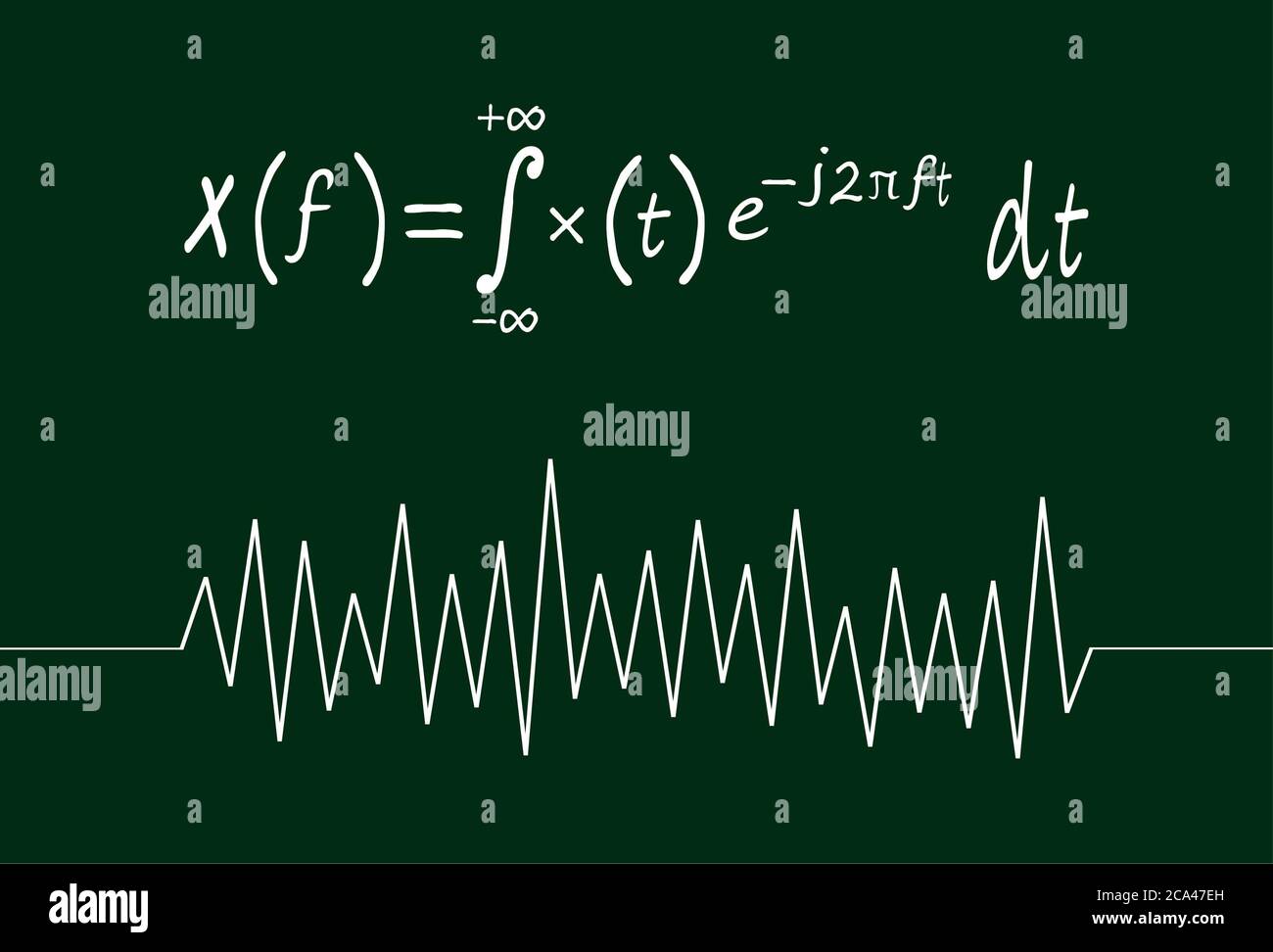Fourier transform formula and vibration drawing with handwriting on green chalkboard. Stock Photo