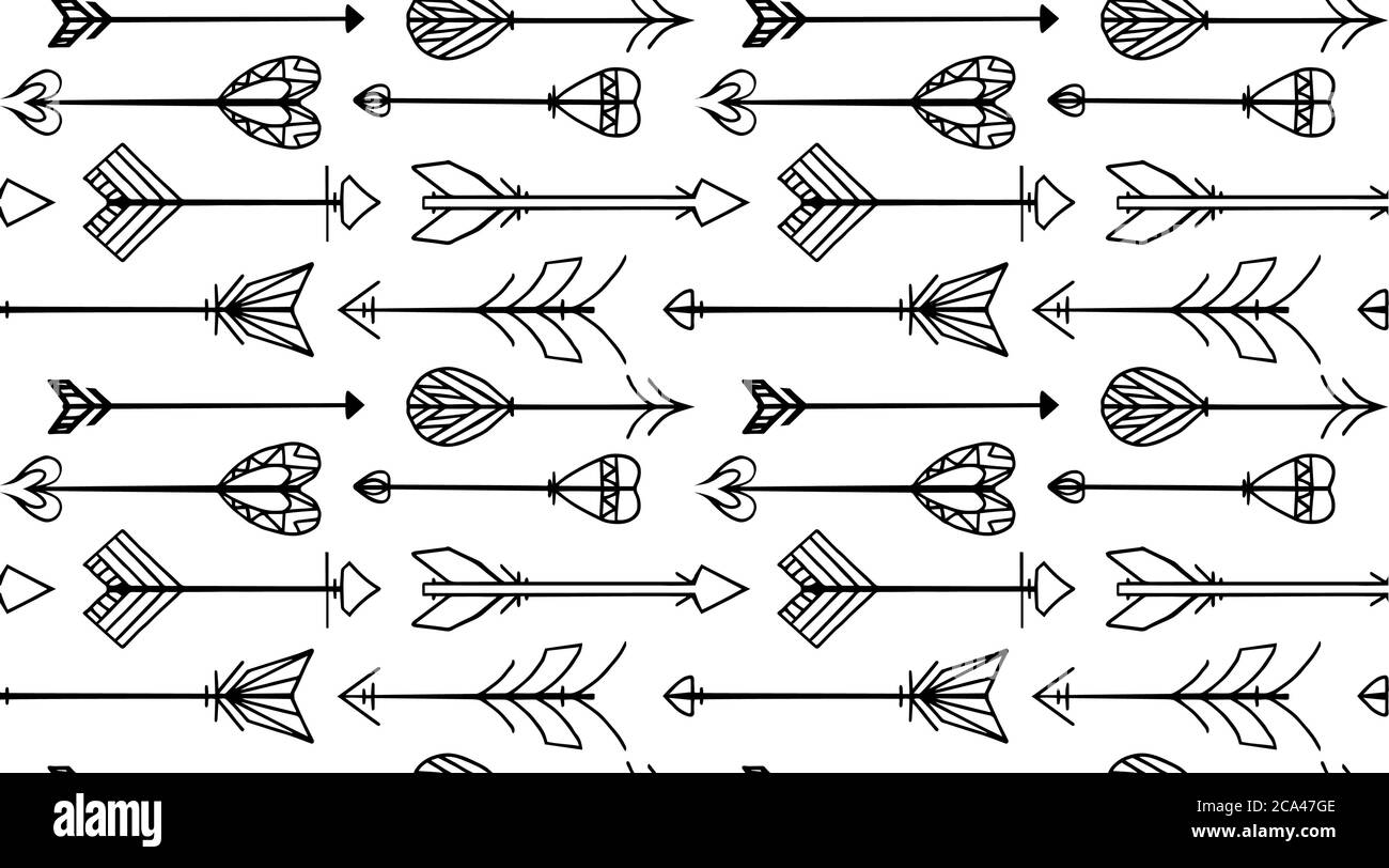 Seamless black and white texture with Boho arrows. Vector background ...