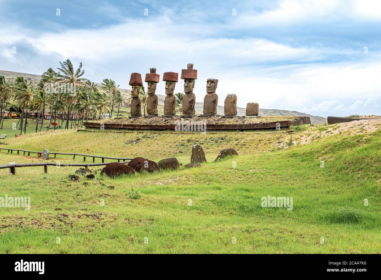 Right Side View Of The Moai Of The Ahu Nau Nau With Some Pukao Remains In The Foreground Anakena Easter Island Chile Stock Photo Alamy