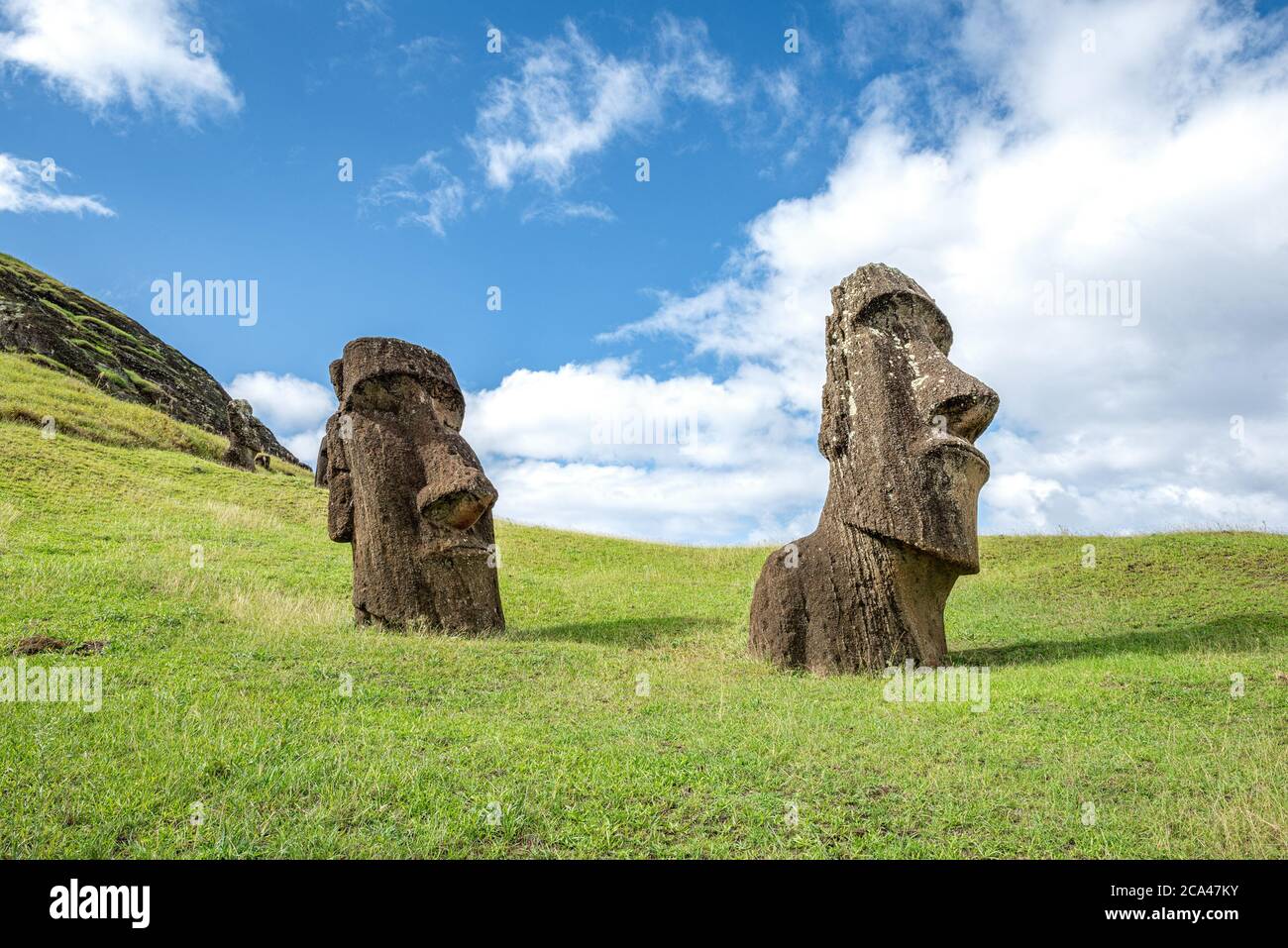 Moai set in the hillside at volcanic crater called Rano Raraku on Easter Island in Chile. Stock Photo