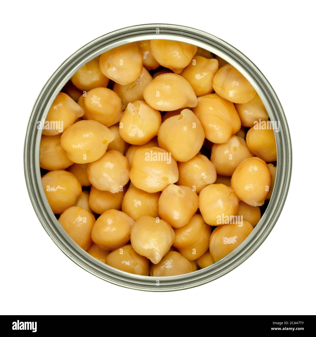 Canned chickpeas in a can from above. Large light tan chick peas, Cicer arientinum, also called hoummus. Boiled chickpeas, preserved with brine. Stock Photo