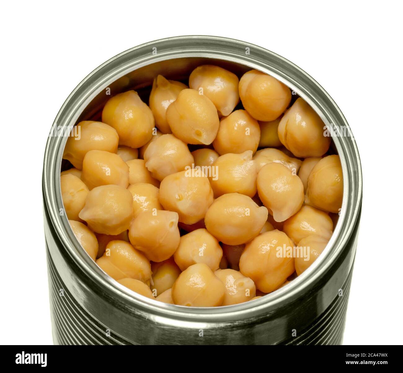 Canned chickpeas in an opened tin can. Large light tan chick peas, Cicer arientinum, also called hoummus. Boiled chickpeas, preserved with brine. Stock Photo
