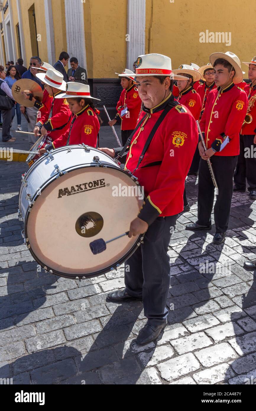 Arequipa, Peru - september 24, 2018: parade near the main square Plaza de Armas in Arequipa, Peru Stock Photo