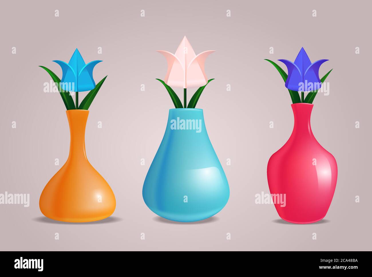 Set realistic jugs with tulips paper origami. Objects apart from the background. Vector element for your design. Stock Vector