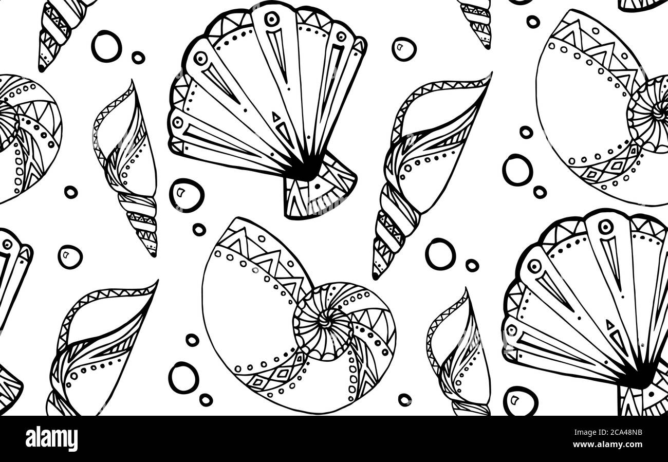 Seamless texture with black and white doodle seashells. Boho pattern ...