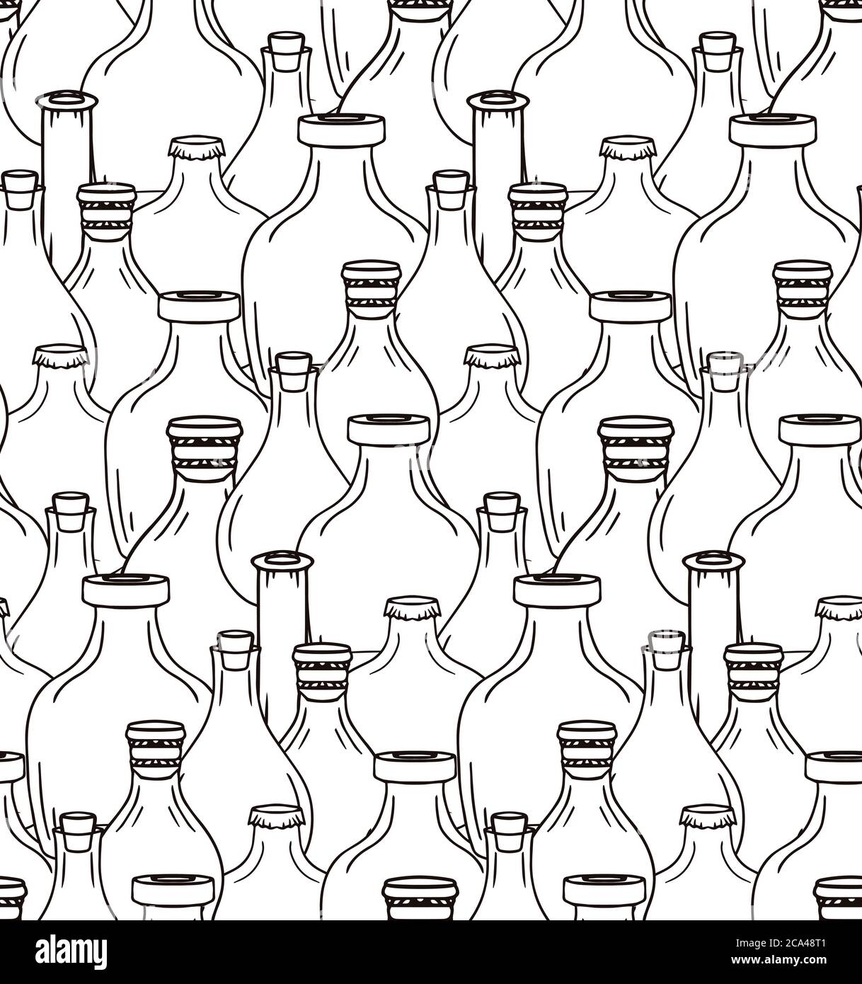 Seamless black and white texture with bottles and jars. Vector background for your creativity Stock Vector