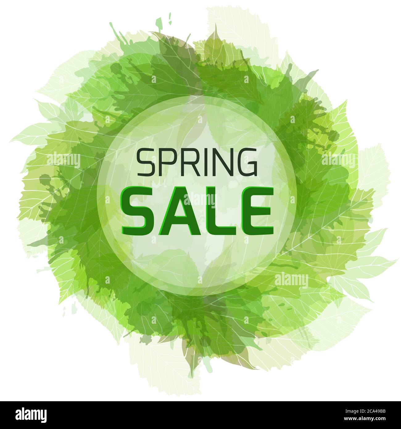 Round banner for the spring sale with green  leaves. Vector element for your design Stock Vector