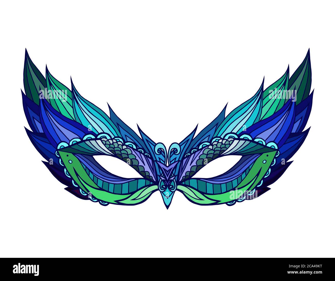 Hand-drawn blue doodle face mask with boho pattern. Festival Mardi Gras, masquerade. Stock Vector