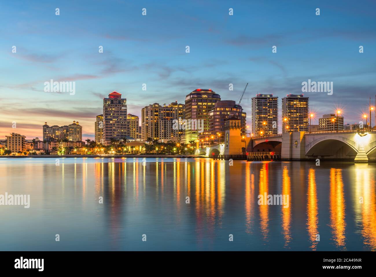 West Palm Beach, Florida, USA downtown skyline on the Intracoastal Waterway at dusk. Stock Photo
