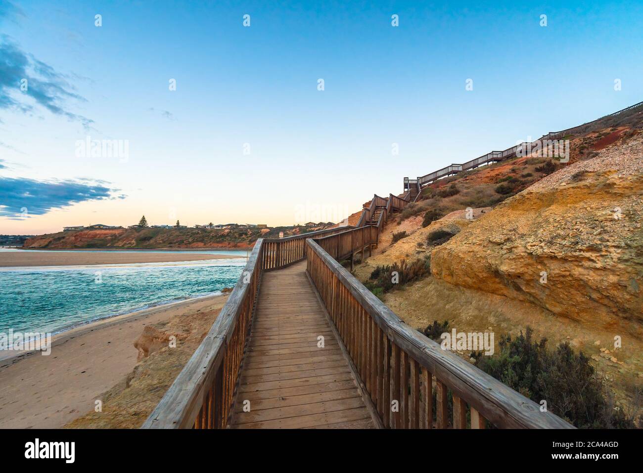 South Port beach boardwalk at sunset, Port Noarlunga, South Australia Stock Photo