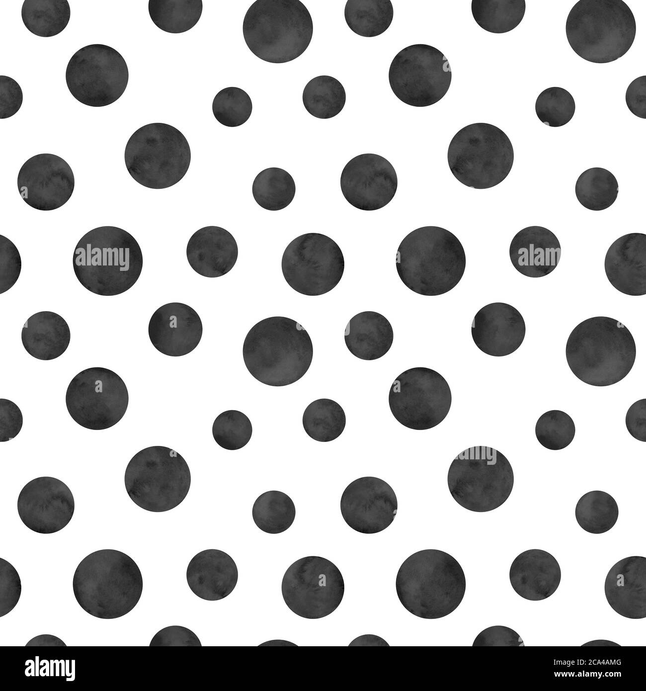 Polka dot black watercolor seamless pattern. Abstract watercolour background with color circles on white. Hand drawn round shaped texture. Print for t Stock Photo