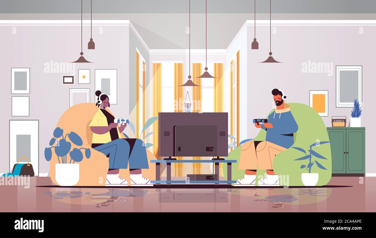 young couple using joysticks playing video games on tv man woman spending time together at home living room interior horizontal full length vector illustration Stock Vector