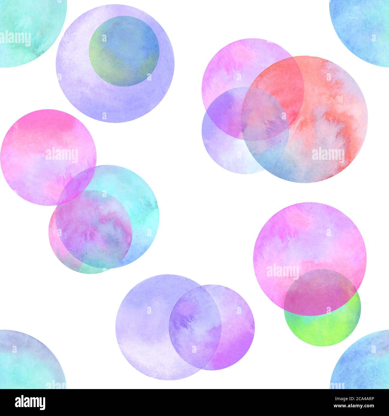 Polka dot multi-colored watercolor seamless pattern. Abstract watercolour background with colorful circles on white. Hand drawn round shaped texture. Stock Photo